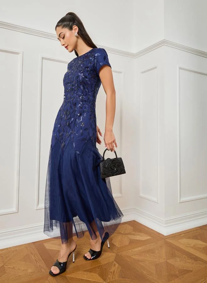 Styli  Women Navy Blue Embroidered Mesh A-Line Maxi Dress for Women | Best Price UAE